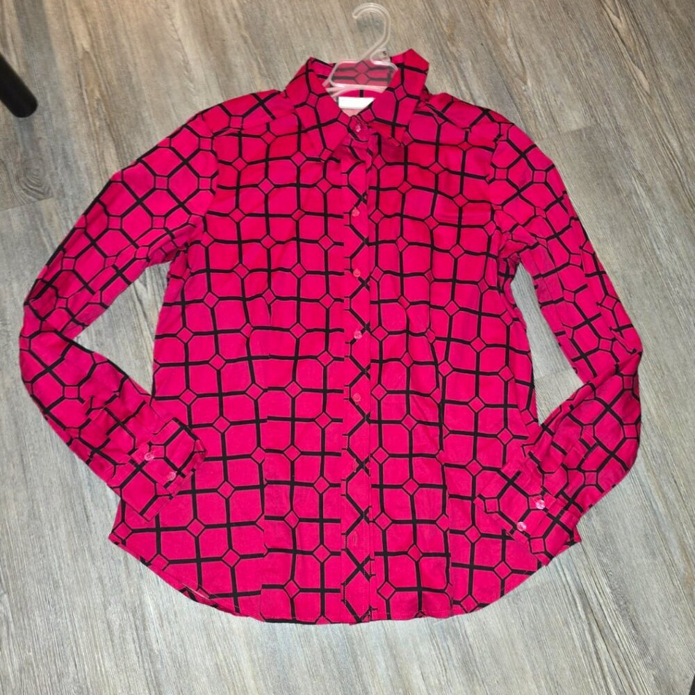 New York & Company Pink Geometric Checkered Print Button Down Blouse | Large